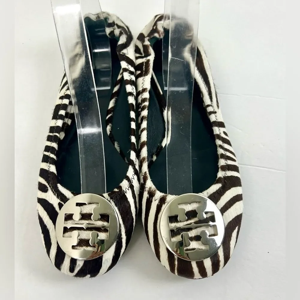 Tory Burch Zebra Print Ballet Flats with Silver Logo